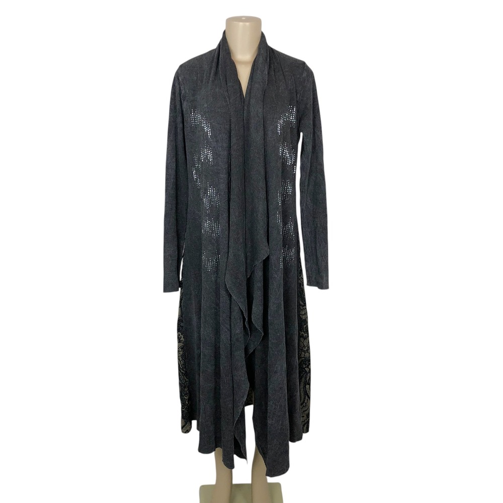 Vocal Waffle Knit Maxi Duster Cardigan Rhinestone Studded Large Boho Western Y2K